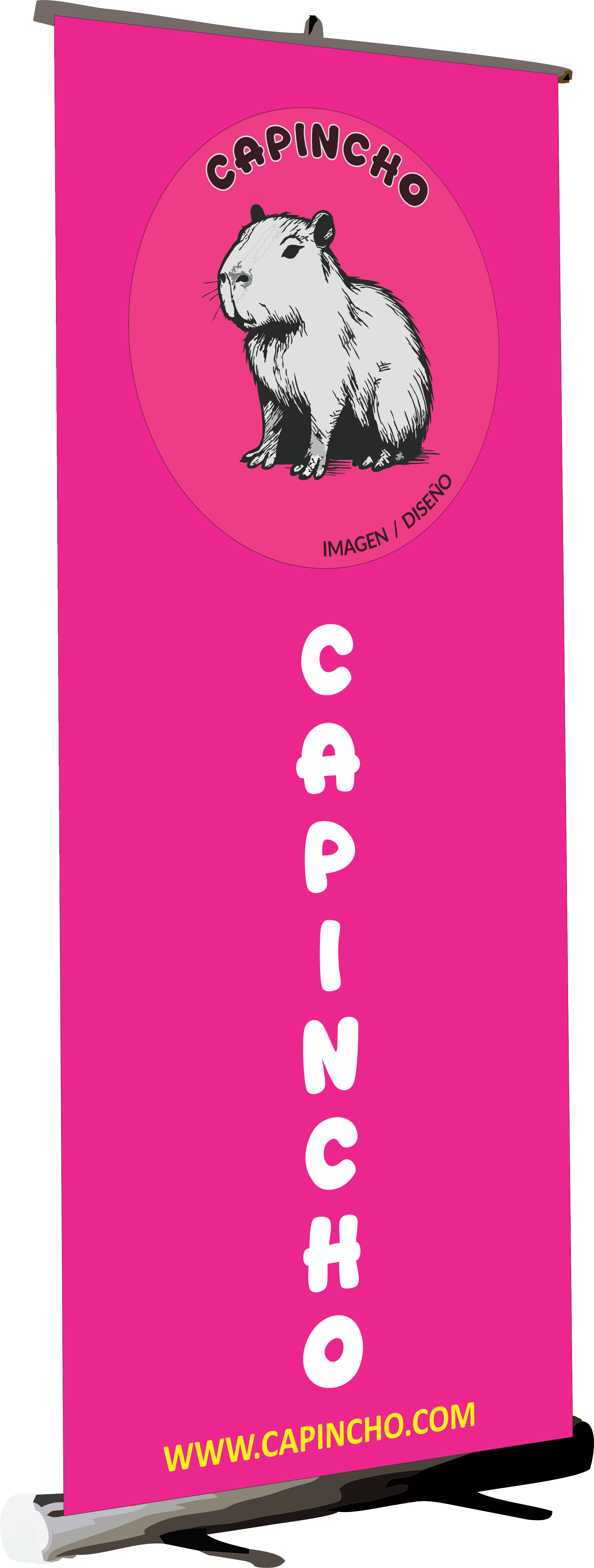 Un banner vertical de fondo rosa con la imagen de un capibara en el centro y el texto 'CAPINCHO' en la parte superior e inferior.